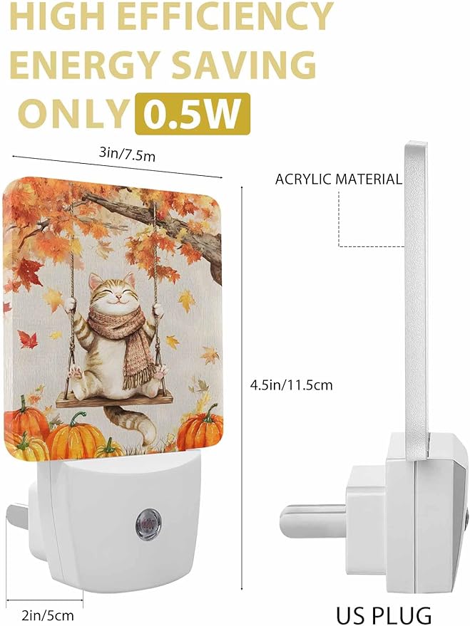 Thanksgiving Night Lights Plug into Wall LED Night Light Fall Pumpkin Cute Cat Maple Leaf Vintage Automatic Dimmable Dusk-to-Dawn Square Shaped Smart Nightlight for Bathroom/Bedroom