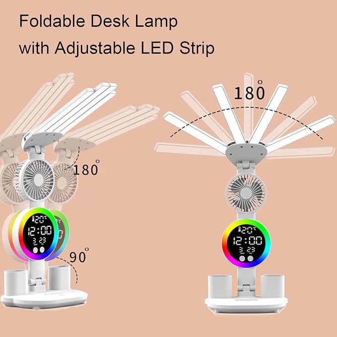 6-in-1 Led Desk Lamp Adjustable Foldable Table Lamp with Fan, Clock, Dates, Temperature, Pen Holder, 3 Color & Stepless Dimming, Reading Lamp for Study Table Work Office