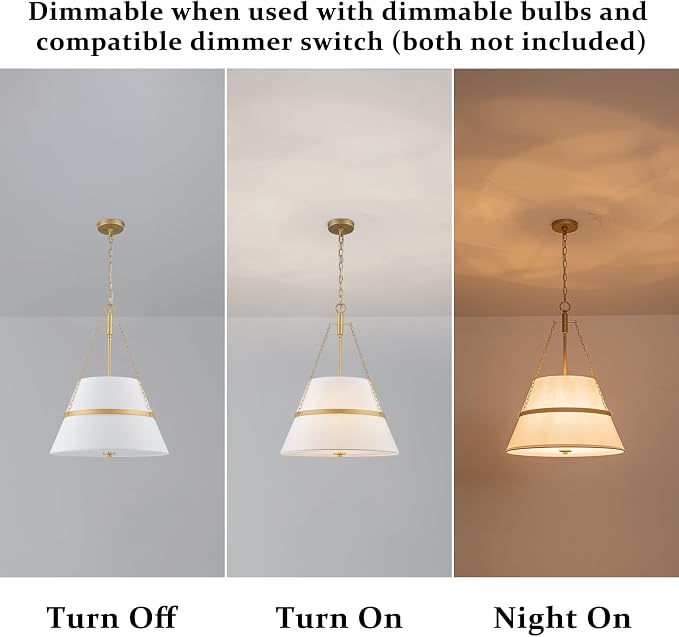 20" Gold Drum Chandelier for Dining Room, White Linen Shade Pendant Light | Modern Transitional, Large Fabric Drum Design, 4-Light, 3 Side Chains, for Kitchen Island,Adjustable Height,19.69"W × 26.38"H