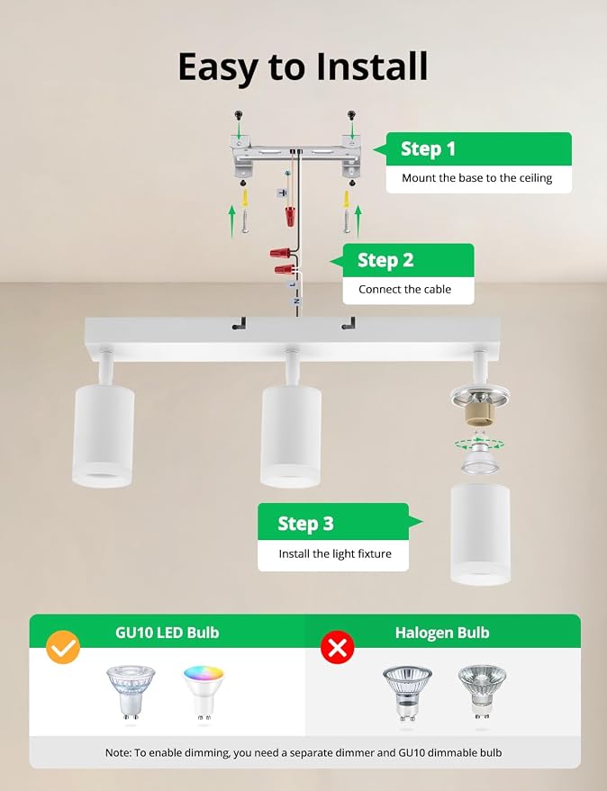 Bojim LED Track Lighting Fixtures Ceiling Mount for Kitchen, 3 Light Modern White Track Lights with Acrylic Ring, Adjustable Spot Lights for Dinning Living Room Hallway, GU10 Base (Bulb Not Included)