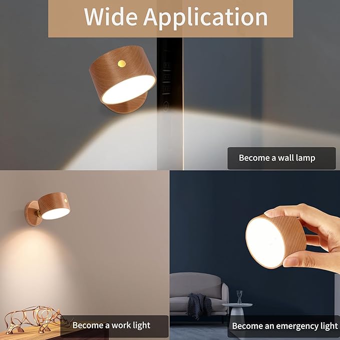 LANDGOO Magnetic Wall Sconce - Rechargeable Beech Wood Lamp, 360° Rotatable & Dimmable for Renters, Artwork & Reading (No Wiring DIY Install)