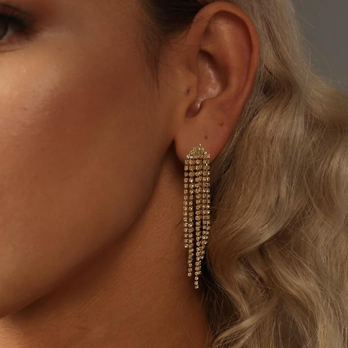 Luxval Rhinestone Earrings Dangling for Women Sparkly Silver Dangle Earrings Girls Long Chandelier Earrings Tassel Lightweight Ear Studs Cubic Zirconia Crystal Statement