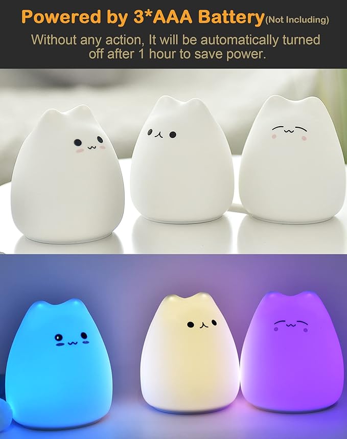 LED Night Light, Battery Powered Kids' Lamp, Silicone Multicolor Cute Cat with Warm White & 7-Color Breathing Mode for Kids & Babies