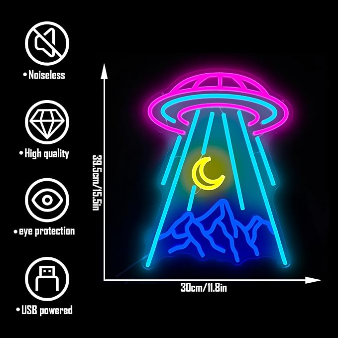 UFO Neon Sign for Wall Decor Alien Spaceship Mountain Neon Sign Dimmable Moon LED Neon Light Signs Light Up Sign for Bedroom Kids Space Game Room Decor Beer Bar Nightclub Shop Gift