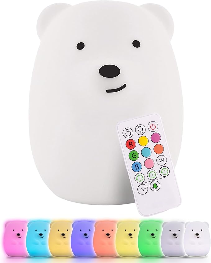 Bear Squishy Night Light for Kids, Silicone Lamp with Remote | Tap Control | Rechargeable 9-Color Changing | Nursery Nightlight for Boys & Girls | Portable Animal Lamp | USB Cord Included
