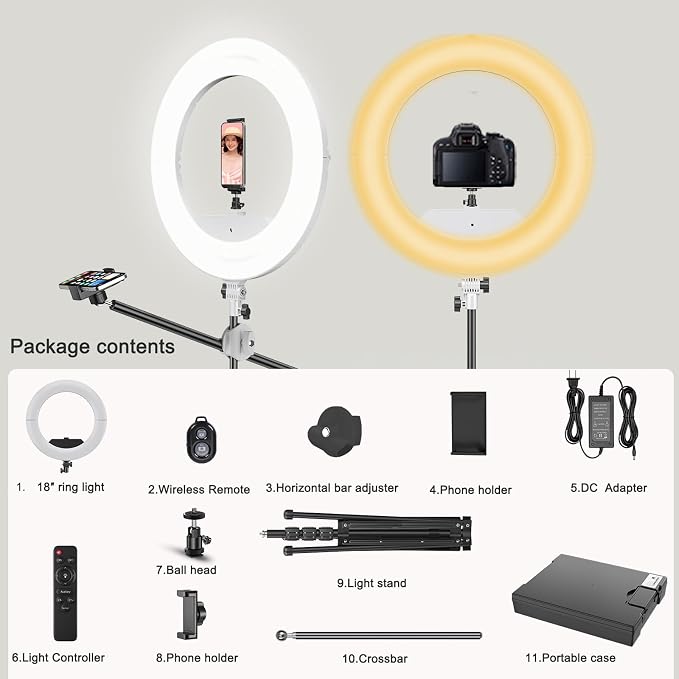 55W18 45cm Ring Light Kit [New Version] 6700K Dimmable LEDRinglightTripod Stand Dual Phone Holder for iPhone Selfie Makeup LashTattoo Studio Lighting Painting,Photo Video Recording (White)