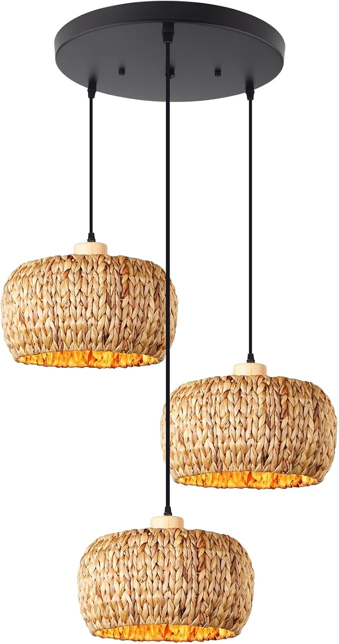 Natural Hand-Woven Basket Chandelier 3-Light Cluster Pendant Light Fixture Seagrass Rattan Shade Farmhouse E26 Base for Living Room Dining Room, Boho Light Fixtures