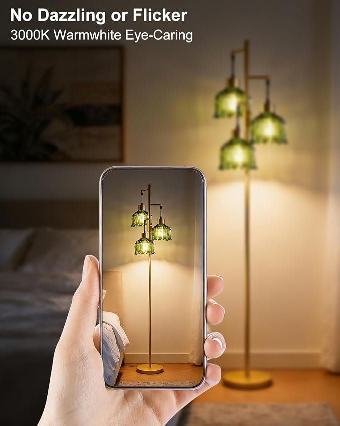 Lightdot 3-Light Floral Floor Lamp 65'' Dimmable Floor Flower Lamp with Green Glass Shade& Bulbs Included, Mid Century Standing Tall Lamp with 5Lbs Heavy Base for Living Room/Bedroom/Sofa Beside-Gold