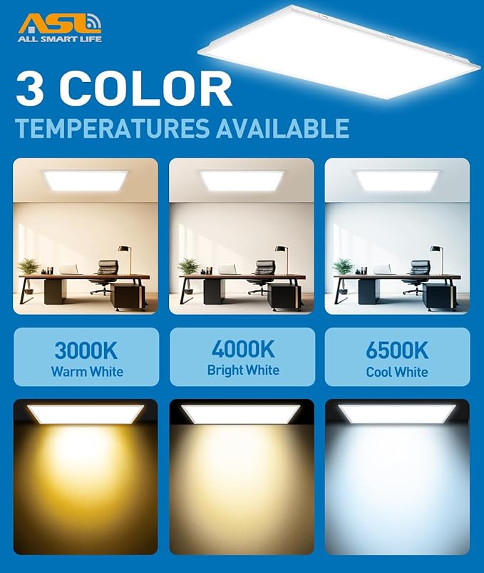 2x4 LED Flat Panel Lights for Drop Ceiling 4-Pack, 7200Lumens 0-10V Dimmable, 3CCT 3000K-4000K-6500K, 24InchX48Inch Back-Lit Recessed Troffer Light Fixtures for Shop Commercial Office, 120-277V ETL