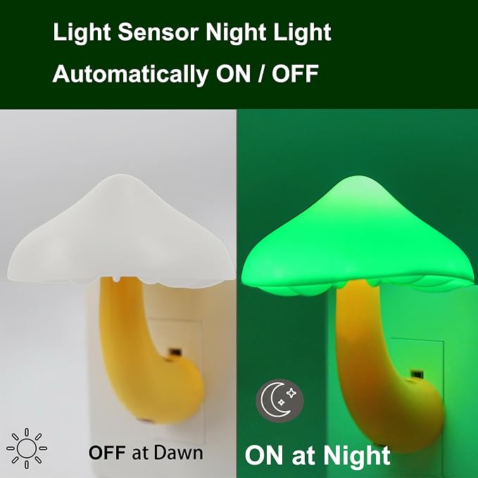 LED Mushroom Night Light Plug in Lamp, Light Sensor Night Lights | Plug into Wall, Dusk to Dawn Sensor Night Light for Adults Kids Room Bedroom Bathroom Hallway Kitchen (1, Green)