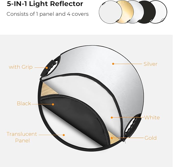 K&F CONCEPT Light Reflector with Grips, 43"(110cm) 5-in-1 Photography Diffuser Collapsible Portable with Grips for Studio and Outdoor Lighting Gold Silver White Black Translucent