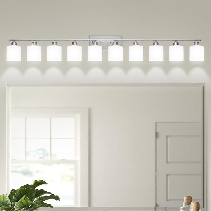 Brushed Nickel Bathroom Sink Lighting Fixtures for Giant Mirror, Anti-Rust Finish 65 inch 10 Light Bathroom Vanity Light Fixtures Modern with Milky White Frosted Glass