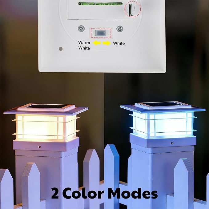 Dynaming 4x4 Solar Post Cap Lights Outdoor with 2 Color Modes, Fence Post Solar Lights White Shell Fit for Vinyl/Wooden Posts, High Brightness SMD LED Lighting Decor for Garden Deck Patio, 2 Pack