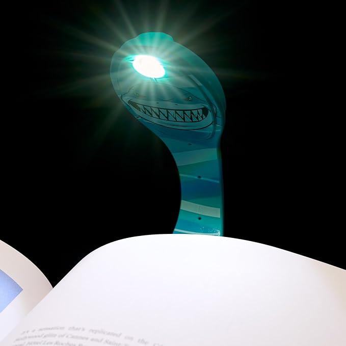 Gifts for Readers & Writers Book Light, Clip On Reading Light for Bed, 2in1 Flexilight & Bookmark, Small & Lightweight with a Soft Glow, 2 Batteries Included, Shark