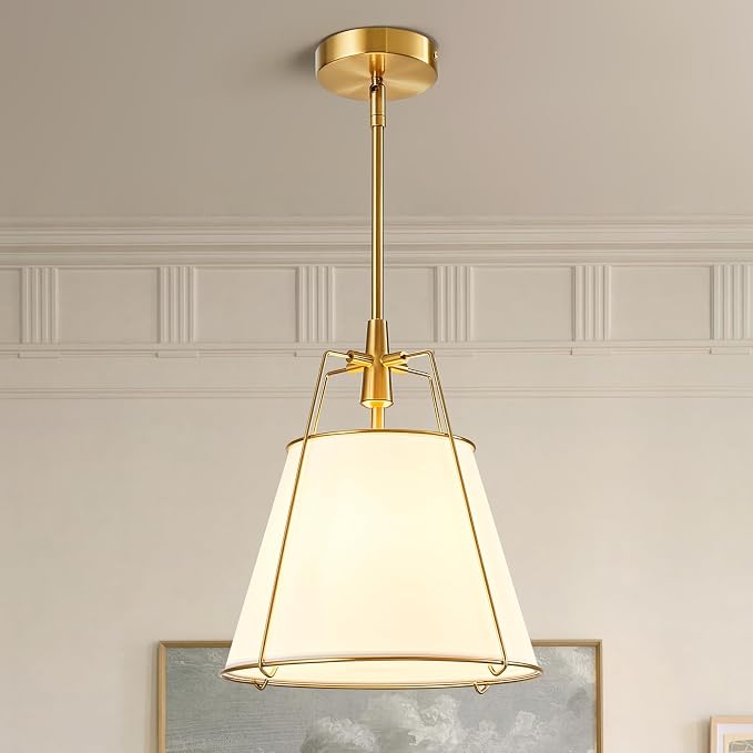 Modern Pendant Light Fixtures with 13" White Linen Fabric Shade, Adjustable Hanging Light Fixture,Drum Gold Vintage Chandelier for Kitchen Island Bedroom Dining Room Foyer Entryway