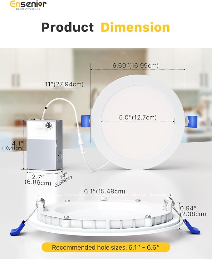 Ensenior 6 Pack 6 Inch Ultra-Thin LED Recessed Light with Junction Box, 2700K-6000K Selectable, 12W 110W Eqv, Dimmable, 1050LM High Brightness - ETL Certified