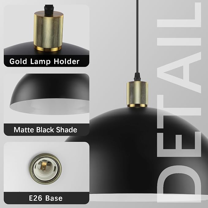 Black Pendant Light Fixtures, 15.7 Inch Large Dome Pendant Lighting Farmhouse Vintage Chandelier for Kitchen Island Dining Room