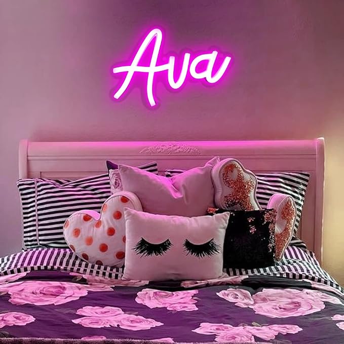 WonderfulLife Ava Name Neon Sign for Room Decor,Non customized, Personalized Led Sign for Birthday Party Decoration,Pink Light Up Wall Decor.