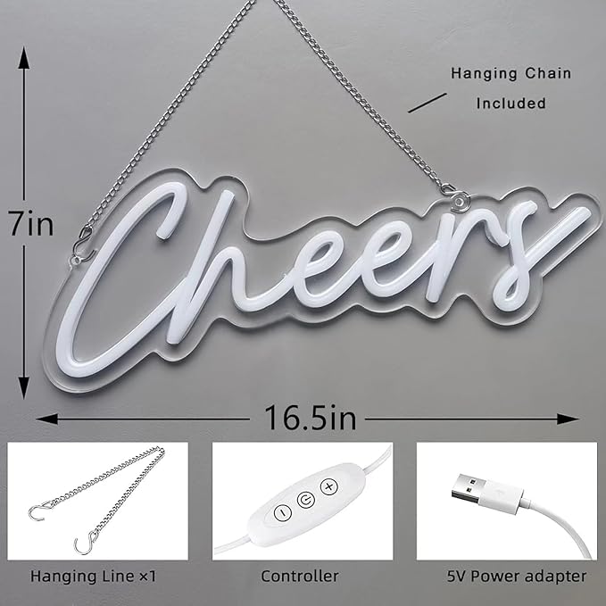 Neon Sign for Bar Home Bar Club Party Wall Decor,Cheers LED Neon With Dimmable Controller,Neon Cheers Light for Birthday Gaming Cafe Party 16.5"*7"(White)
