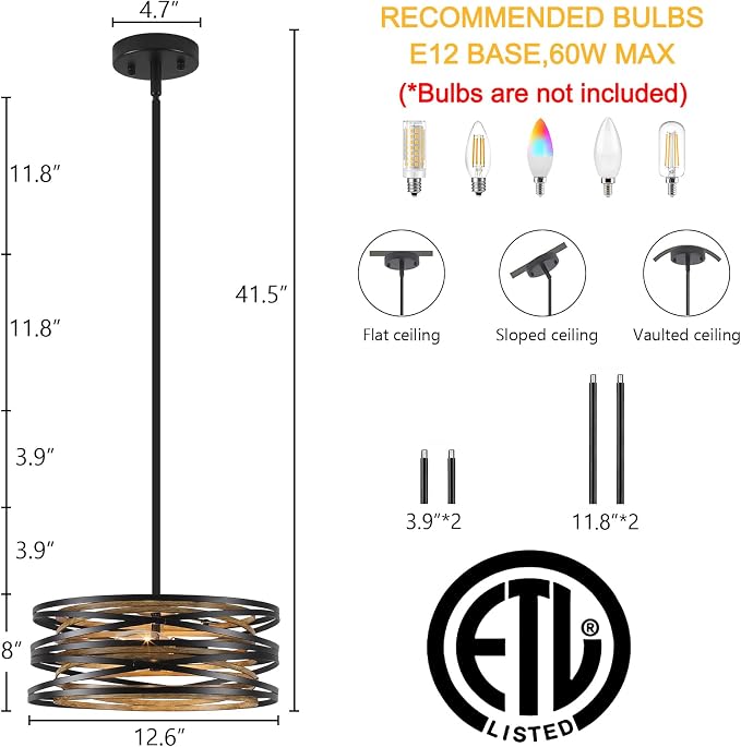 Farmhouse Semi Flush Mount Ceiling Light, Black and Wood Grain Kitchen Island Hanging Pendant Lighting for Dining Room Bedroom Bar Office, Industrial