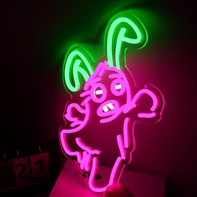 Funny Ugly Cute Monster Rabbit LED Neon Sign, USB Powered Pink Green Kawaii Bunny Neon Light for Wall Decor, Funny Cartoon Inspired Aesthetic Lamp for Kids Bedroom, Game Room, Gift for Fans