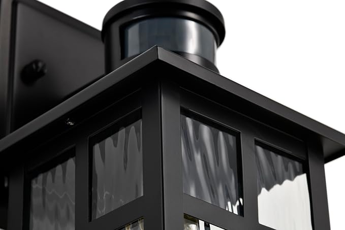 Outdoor Wall Lights Exterior, Dusk to Dawn Motion Sensor Outdoor Lighting Fixture with Water Glass, 12 in. H 1-Light Matte Black Waterproof Wall Lantern Light for Patio Garden Garage Entryway