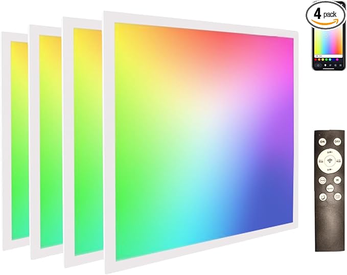 4 Pack 2x2 FT LED RGBW 5000K Multicolor Flat Panel, Light Remote & App Controlled 40W 4400lm Color Changing LED Panel Light Smart Wi-Fi Drop Ceiling Light with Alexa/Google Assistant