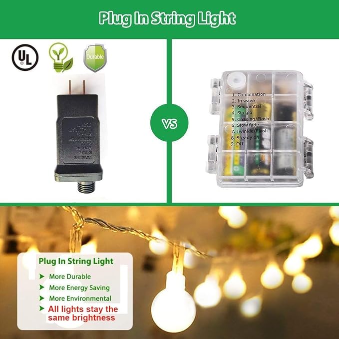 RaThun Globe String Lights Plug in 116 Ft. 200 LED 8 Modes with Remote,Waterproof Fairy String Lights for Indoor Outdoor Bedroom Party Wedding Garden Christmas Tree Decor,Warm White | 200 LED Fairy Lights with Timer, 8 Modes, 16ft Extended Lead, Plug i...