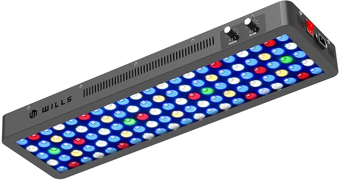 Wills Aquarium Light, 200W Full Spectrum LED Reef Lights, 28"x8.5"x2.4" | For Coral Saltwater Fish Tank, Blue/White Dual Dimmable Channels, 105 Premium SMD LEDs, Daisy Chain Design, Hanging Kit