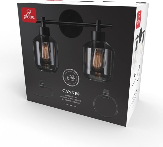 Globe Electric 3-Piece Powder Room Set, Matte Black, 2-Light Vanity with Clear Glass Shades and Matching Hardware, 51850