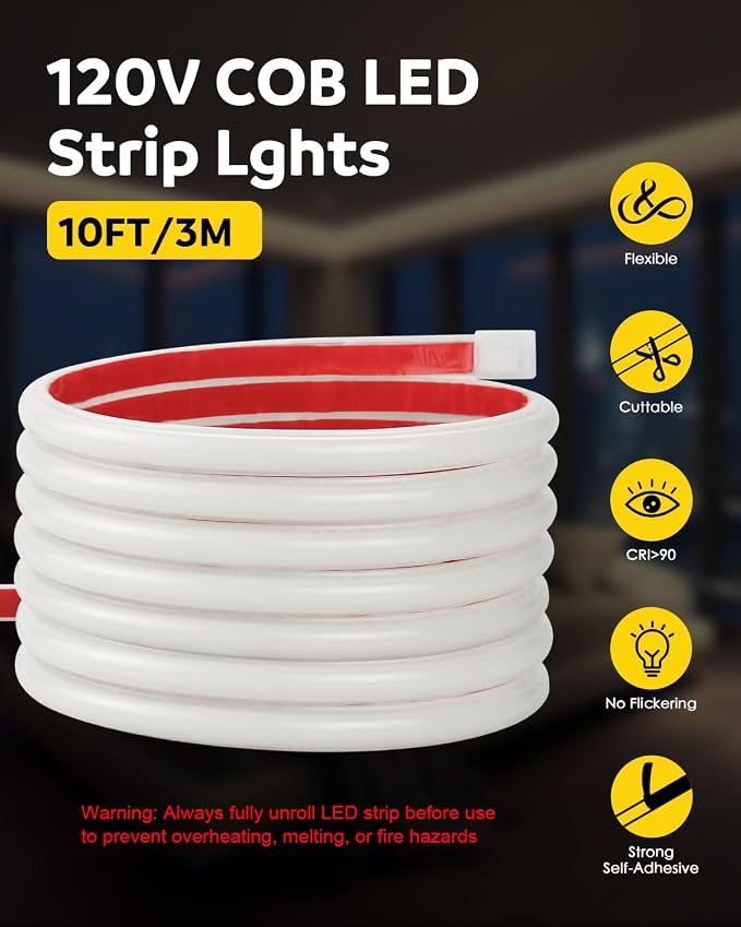 Aclorol AC 110V COB LED Strip Light 10FT/3M Neutral White Flexible LED Rope Lights Outdoor Waterproof with ON-Off Switch Control for Under Cabinets Bookshelf Living Room Shed Lighting 4000K 288LEDs/M