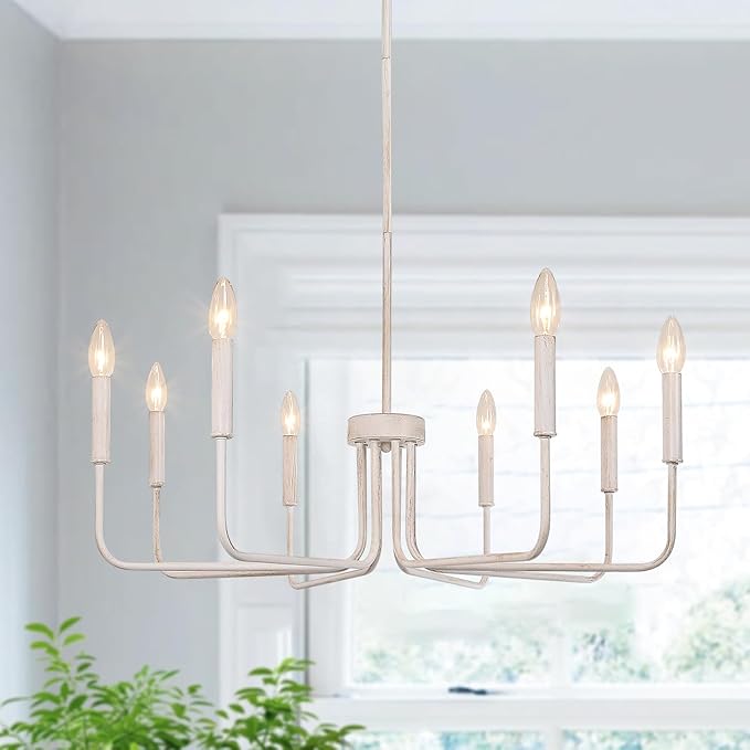 French Country Chandelier, 8-Light Farmhouse Chandelier for Dining Room, Antique White Chandelier Light Fixtures, Candle Hanging Pendant Lights for Kitchen Living Room Bedroom Foyer