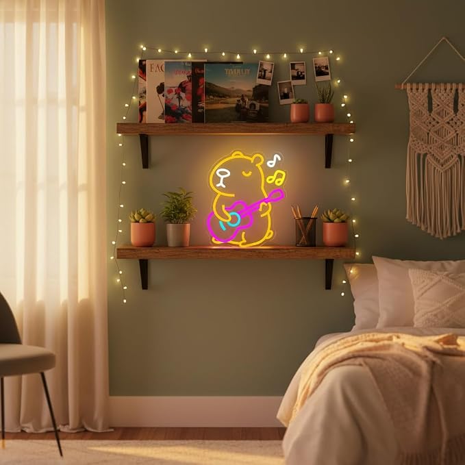 Capybara Neon Sign Animal Neon Light LED Neon Capybara Light for Wall Decor | Dimmable Capybara Neon Light with Guitar Design for Kids Bedroom Party Decor Birthday Gift for Children and Capybara Lovers