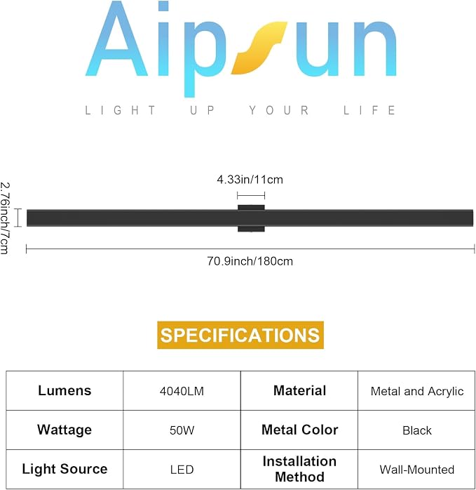 Aipsun Black Outdoor Wall Sconces 3000K 4000K 6000K 71in Modern Exterior Light 1 Pack, Long LED Linear Wall Light Outside Lighting for Entrance, Hallway, Garage, Porch(3CCT)