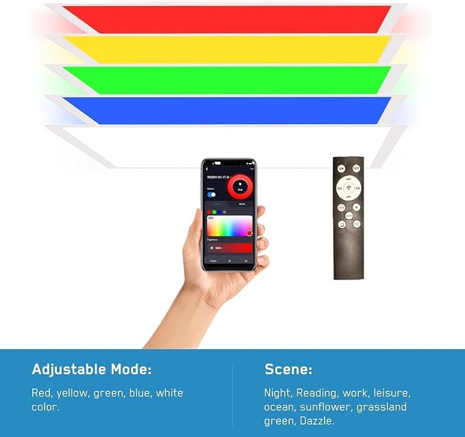 4 Pack 2X4 FT LED RGBW 5000K Multicolor Flat Panel, Light Remote & App Controlled 60W 6600lm Color Changing LED Panel Light Smart Wi-Fi Drop Ceiling Light with Alexa/Google Assistant