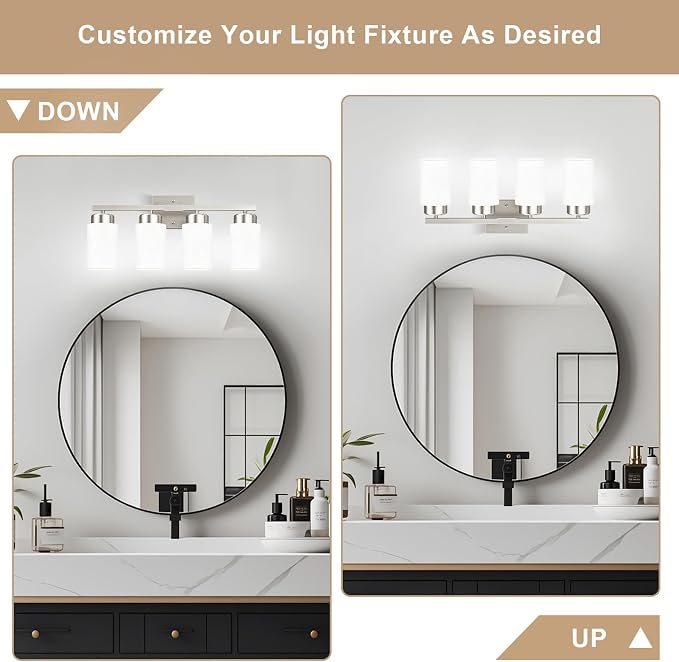 IZORRO Modern Bathroom Light Fixtures, 4 Light Brushed Nickel Vanity Lights, Bathroom Lighting Fixtures Over Mirror with White Glass for Living Room Cabinet Bedroom