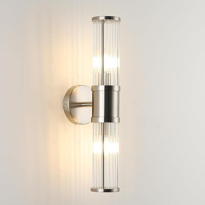 Brushed Nickel Wall Sconce with Glass Rods - Modern Industrial Vanity Light Fixture, E12 Candelabra Base for Bathroom, Bedroom & Hallway (Bulbs Not Included)