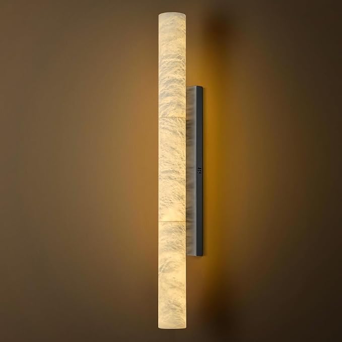 Natural Alabaster Wall Sconces, 36" Large Bronze Wall Sconce, Modern Gold LED Sconces, Cylinder Spanish Marble Sconce Perfect for Living Room, Bedroom, Hallway, Stairs