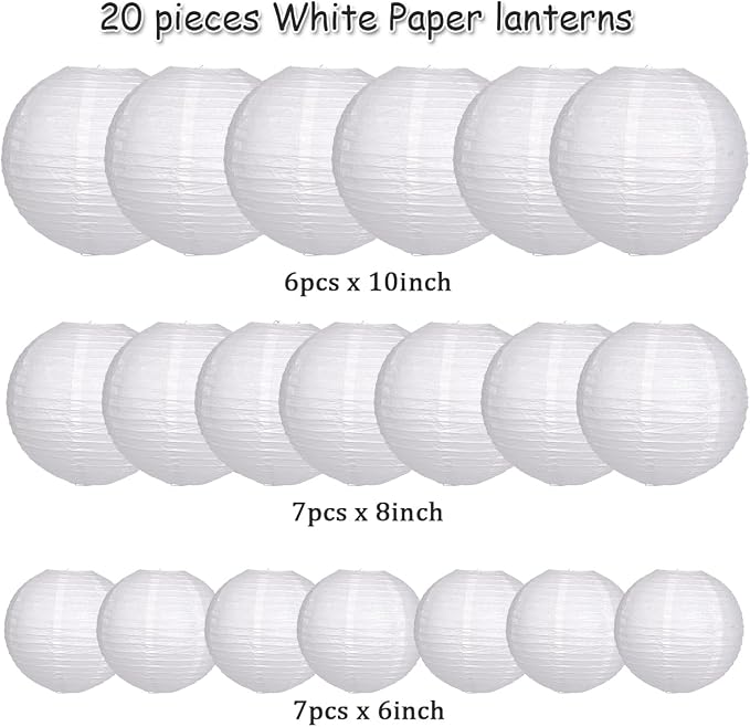 Paper Lanterns Party Decorations, Hanging Round Chinese Lanterns for Wedding Graduation White Birthday Decorations Pack of 20 White