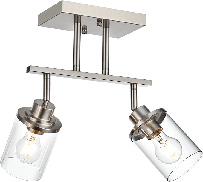 Yaohong 2-Light Track Lighting Kit Brushed Nickel Track Lighting Fixtures, Bathroom Wall Light Ceiling Mount Rotatable Spotlights, Kitchen Ceiling Light Fixtures with Glass Shade for Bathroom Hallway