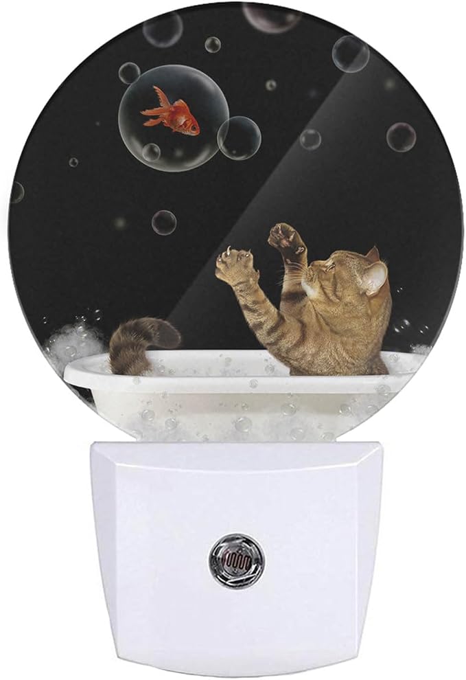 EKOBLA Cat and Fish Night Light, Cute Cat Playing with Fish in Tub Night Lights Plug Into Wall for Home Decor, Adults and Kids Room