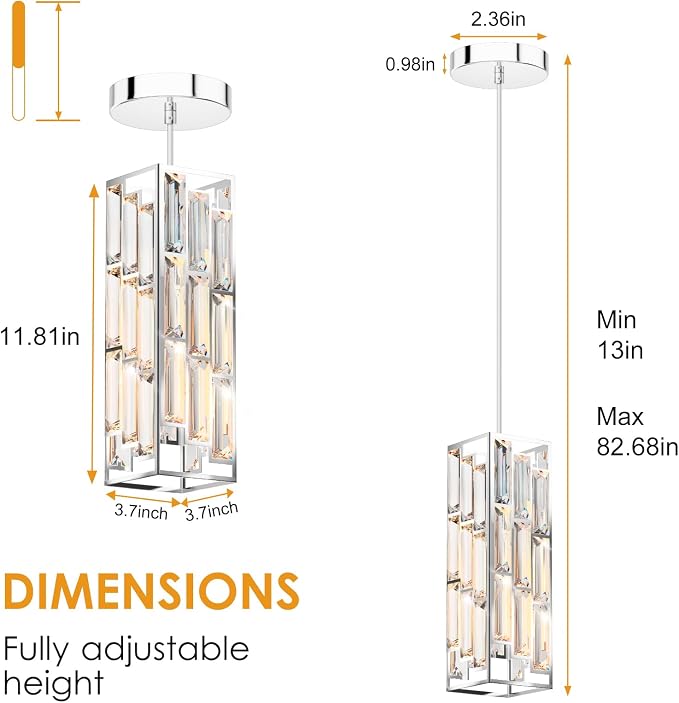Modern 1-Light Crystal Pendant Light Kitchen Island, Chrome, 2-Pack | Mini Crystal Chandeliers, Height Adjustable Cord, Ceiling Hanging Lighting for Kitchen Island Dining Room Bedroom