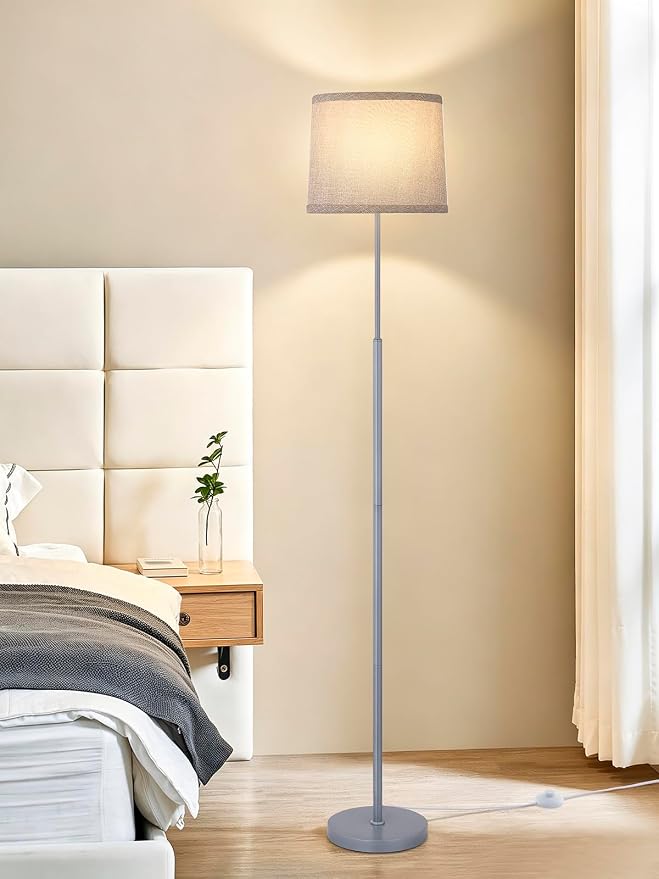 60" Modern Floor Lamp for Living Room Bedroom, Standing Lamp with Oatmeal Linen Lampshade, Tall Lamp with A19 9W 3 Color Temperature Bulb, Foot Switch Control, Silver