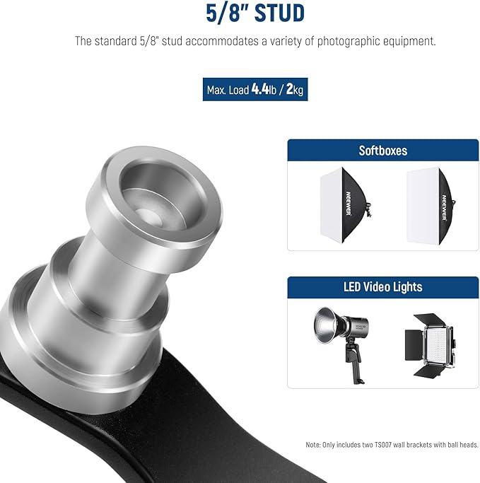 NEEWER 2 Pack E Type Wall Ceiling Mount, Ring Light Wall Mount Bracket with Detachable Ball Head, 5/8" Stud, 1/4" Screw for Flash Strobe Camera Monitor Studio Lighting, Max Load: 4.4lb/2kg, TS007