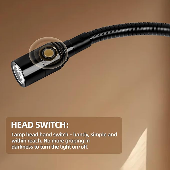 Reading LED Light for Bedside Bedroom Wall Mount Adjustable Gooseneck Black