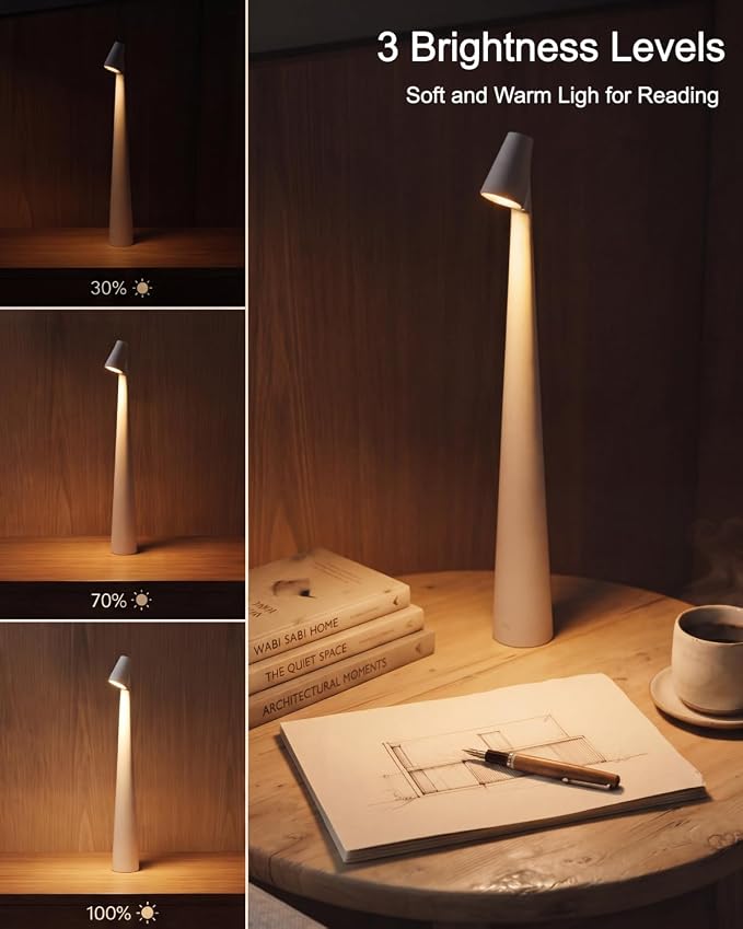 Cordless LED Table Lamp, 4000mAh Rechargeable Portable Desk Lamp, 3-Level Brightness, Bedside Night Light, Ambient Reading Light for Restaurant, Bedroom, Outdoor Camping, Night Light, White | 3-Level Brightness, Bedside Night Light, Ambient Reading Lig...