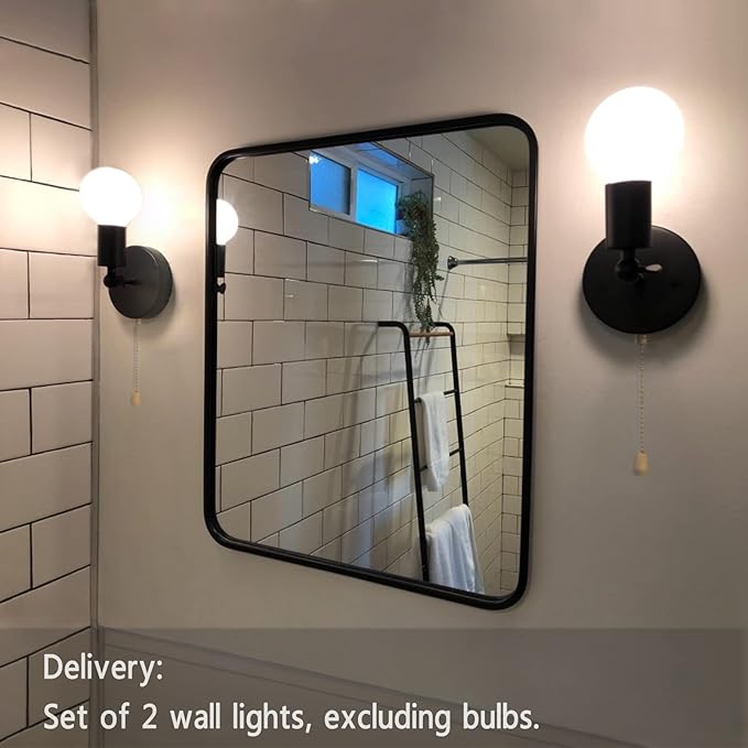 Adjustable Retro Wall Sconce Light with Pull Chain Switch Vintage Black Wall Lights Fixture with On Off Switch E26 Indoor Wall Lamps for Home Bedroom Kitchen Wall Mount ighting, NO Bulb