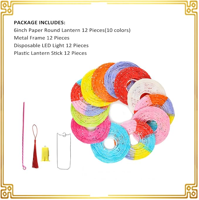 12Pcs Paper Lanterns Chinese Japanese Colorful Hanging Paper Lanterns with LED Lights 8inch Oval Decorative Asian Lanterns Lamps with Tassel Stick for Wedding Birthday Festival Party Decorations
