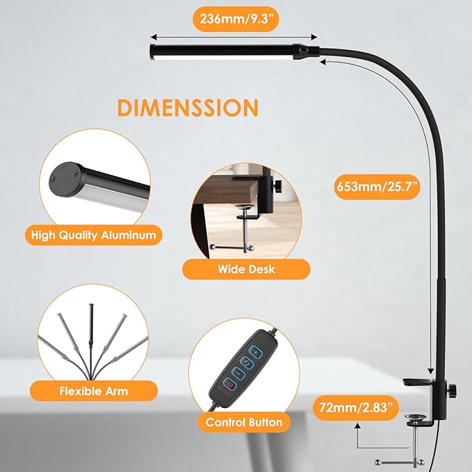 ShineTech LED Desk Lamp with Clamp, Clip On Desk Lamp for Home Office, 3 Color Modes & Stepless Dimming, Flexible Gooseneck Architect Desk Light, Eye Caring Reading Lamp with USB Adapter