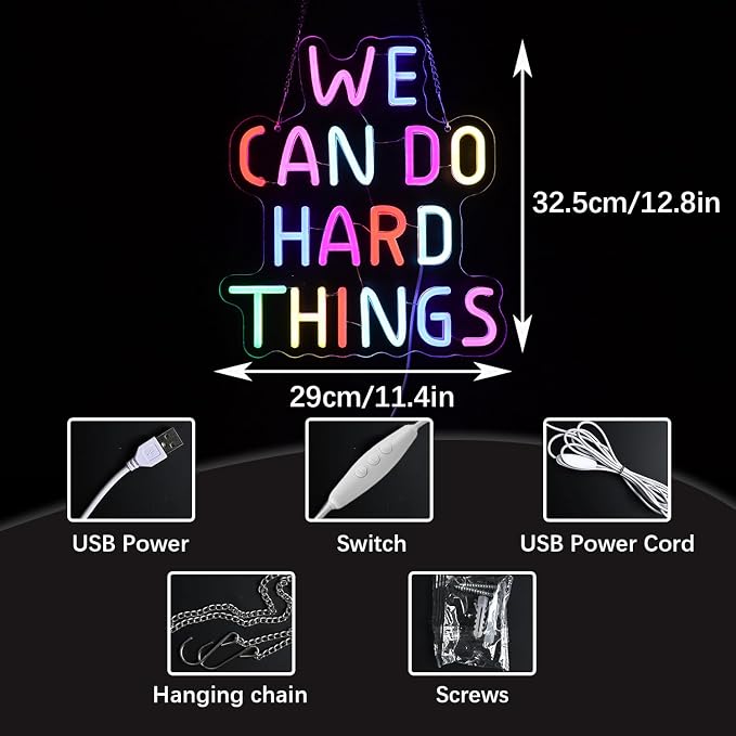 We Can Do Hard Things Neon Sign for Teachers – Dimmable Multicolor Letter Classroom Light with Wired Dimmer, 11.4×12.8 in, Includes 4 Wall Anchors – Back to School Teacher Gift